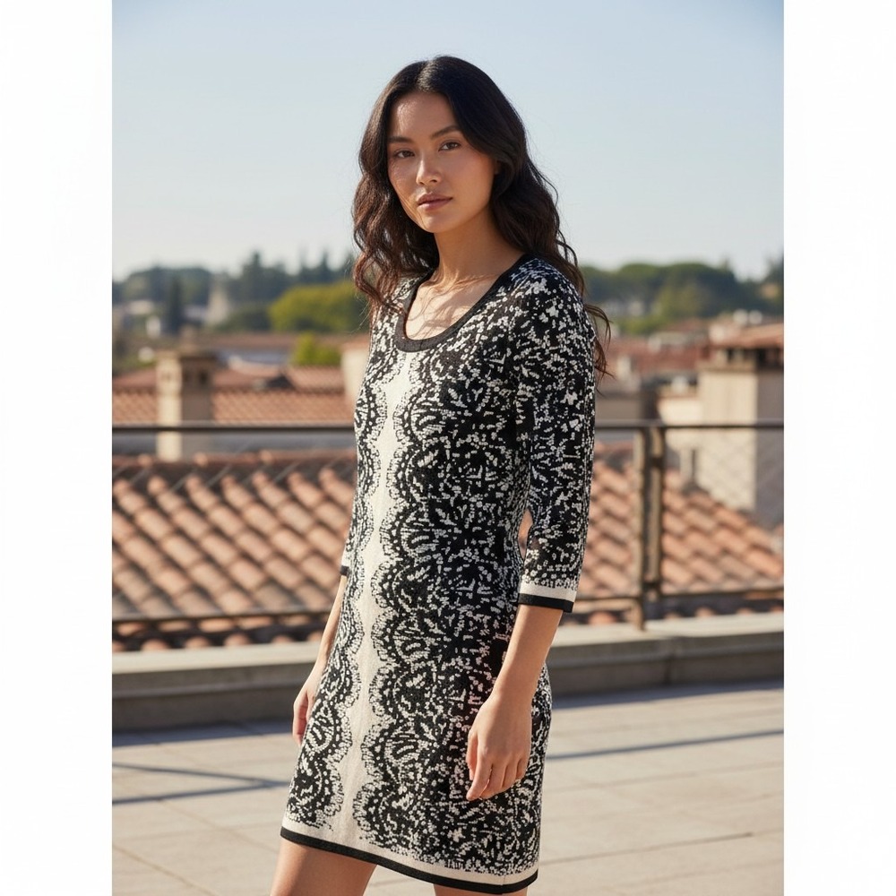 Liz Claiborne Dress Womens M Black Beige Floral‎ Knit Career Sheath Office NWT
